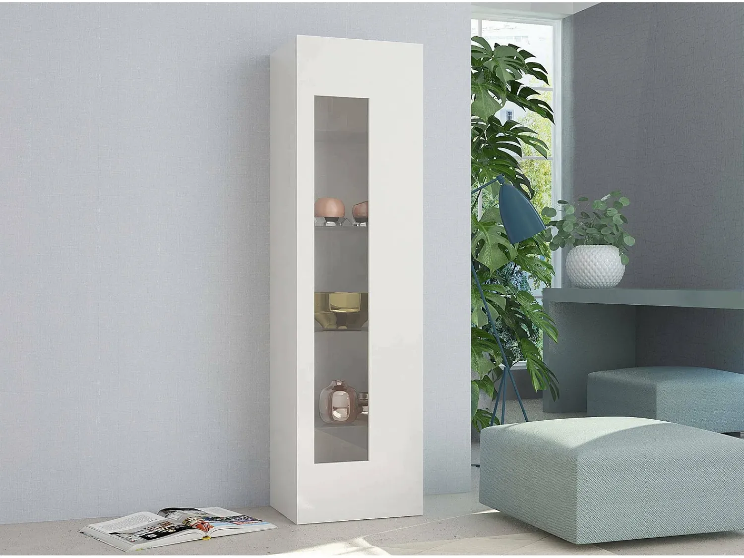 Vitrina|Dmora Vitrine Dizz, Aparador com porta de vidro, Móveis de sala multiuso, 100% Fabricado na Itália, 45x34h162 cm, brilhante Branco