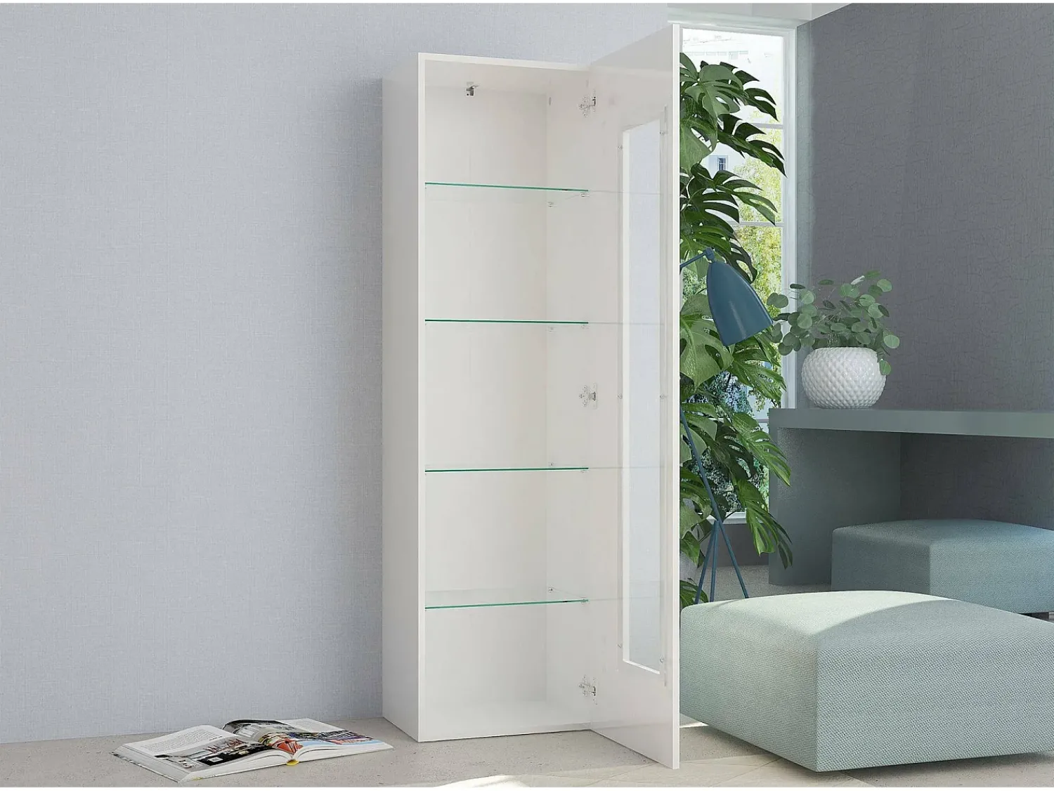 Vitrina|Dmora Vitrine Dizz, Aparador com porta de vidro, Móveis de sala multiuso, 100% Fabricado na Itália, 45x34h162 cm, brilhante Branco