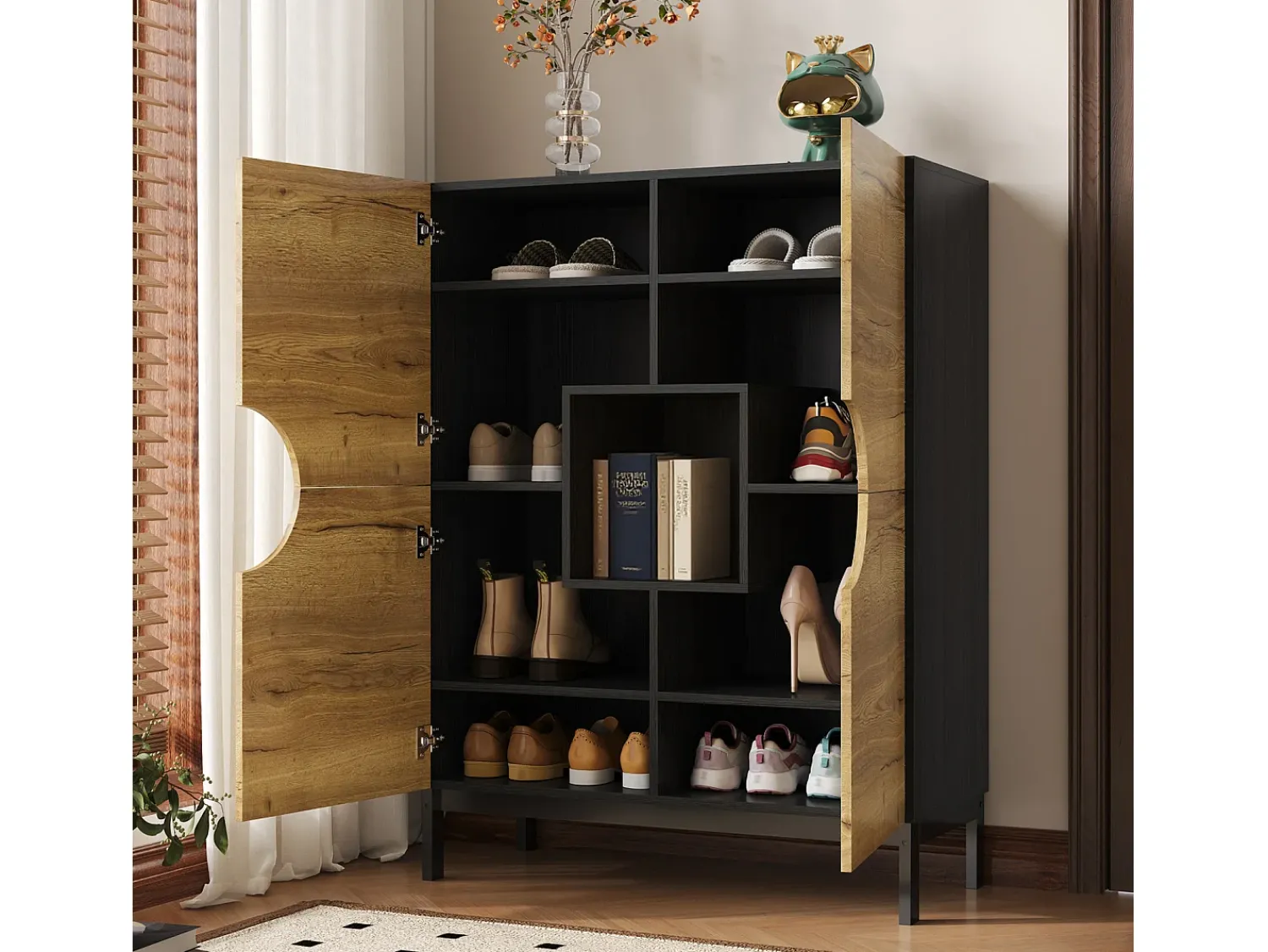 Vitrina* Vitrine e sapateira 2 em 1 – Design moderno com prateleiras ajustáveis e amplo espaço de armazenamento. Preto