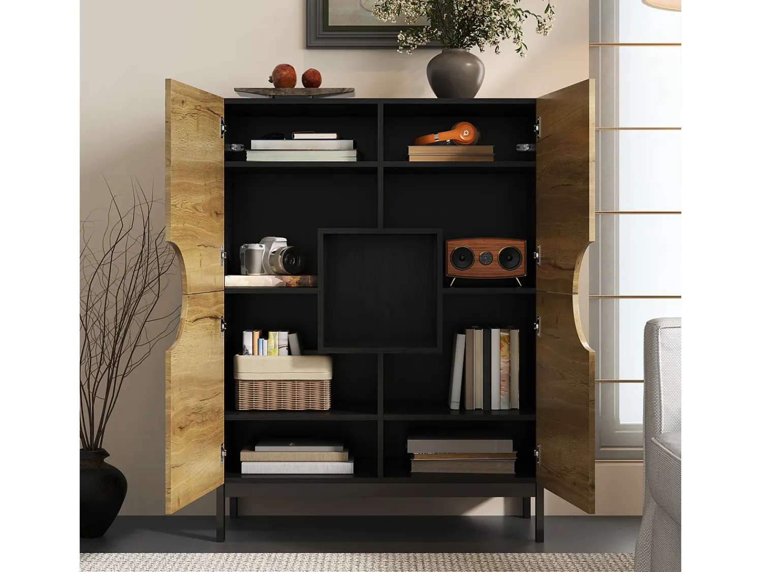 Vitrina* Vitrine e sapateira 2 em 1 – Design moderno com prateleiras ajustáveis e amplo espaço de armazenamento. Preto