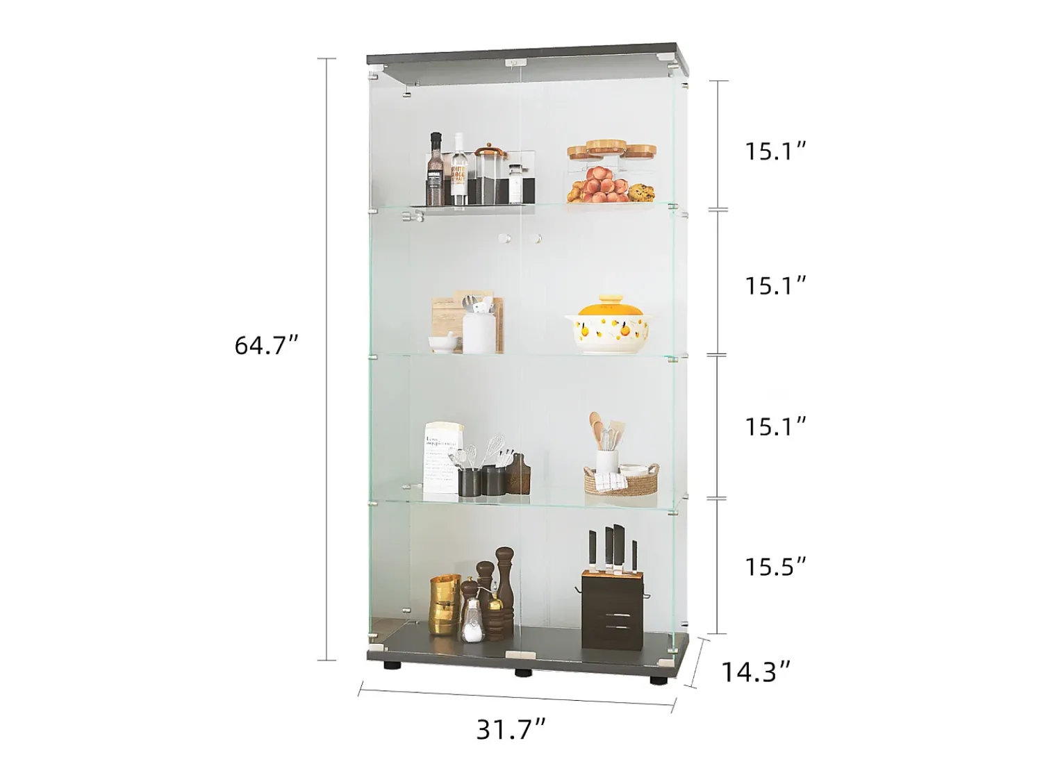Vitrina* Vitrine em vidro 4 prateleiras, 81x37x165cm, prateleira em vidro com 2 portas, vitrine sobre suporte, preta Preto
