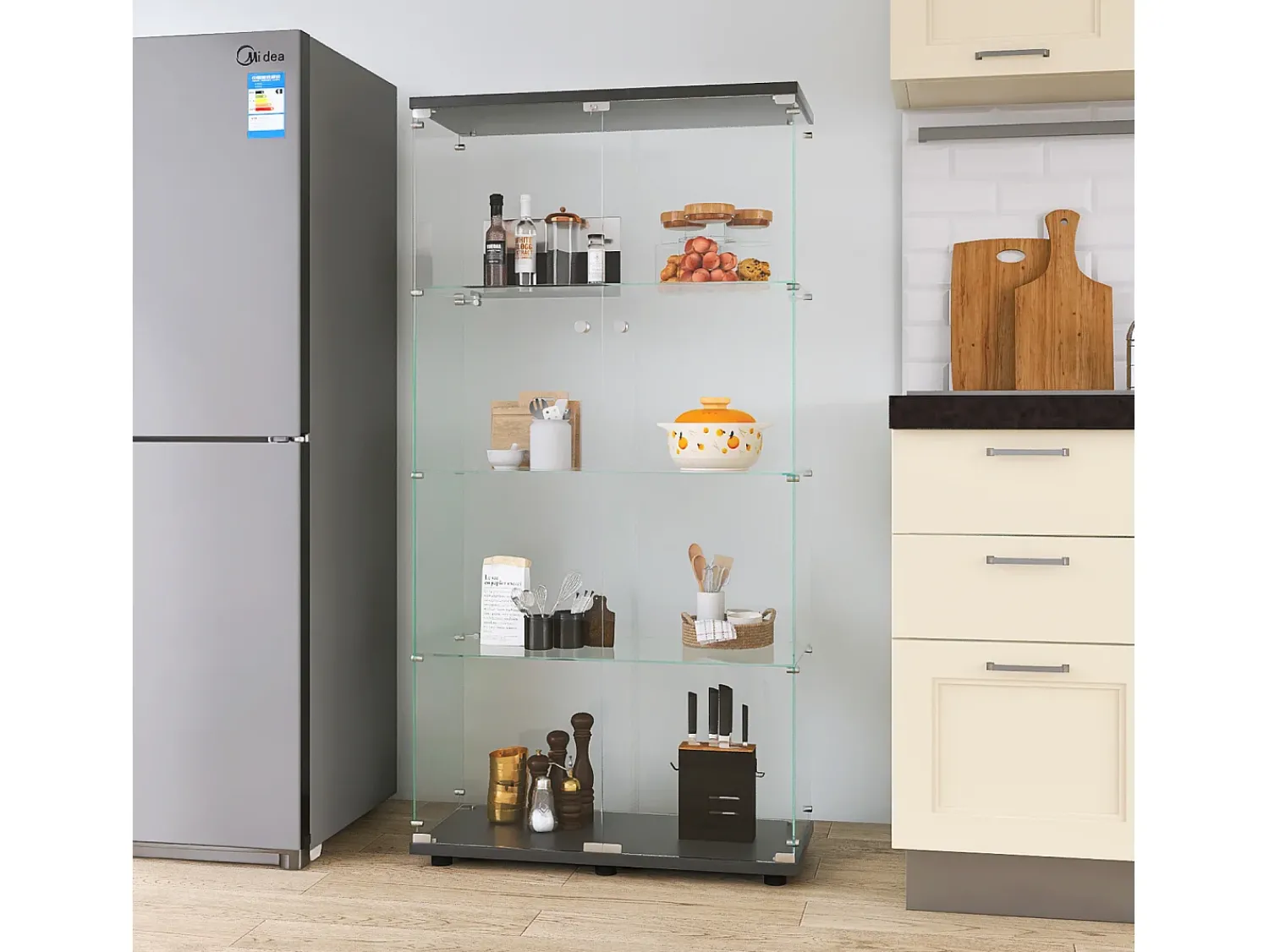 Vitrina* Vitrine em vidro 4 prateleiras, 81x37x165cm, prateleira em vidro com 2 portas, vitrine sobre suporte, preta Preto