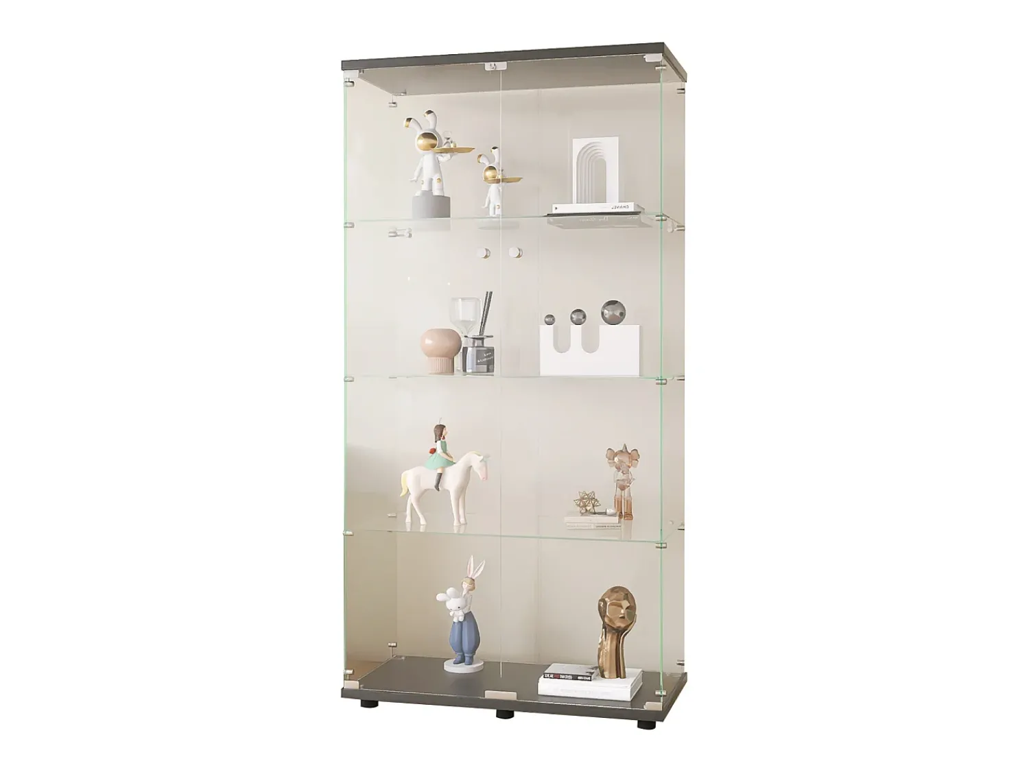 Vitrina* Vitrine em vidro 4 prateleiras, 81x37x165cm, prateleira em vidro com 2 portas, vitrine sobre suporte, preta Preto