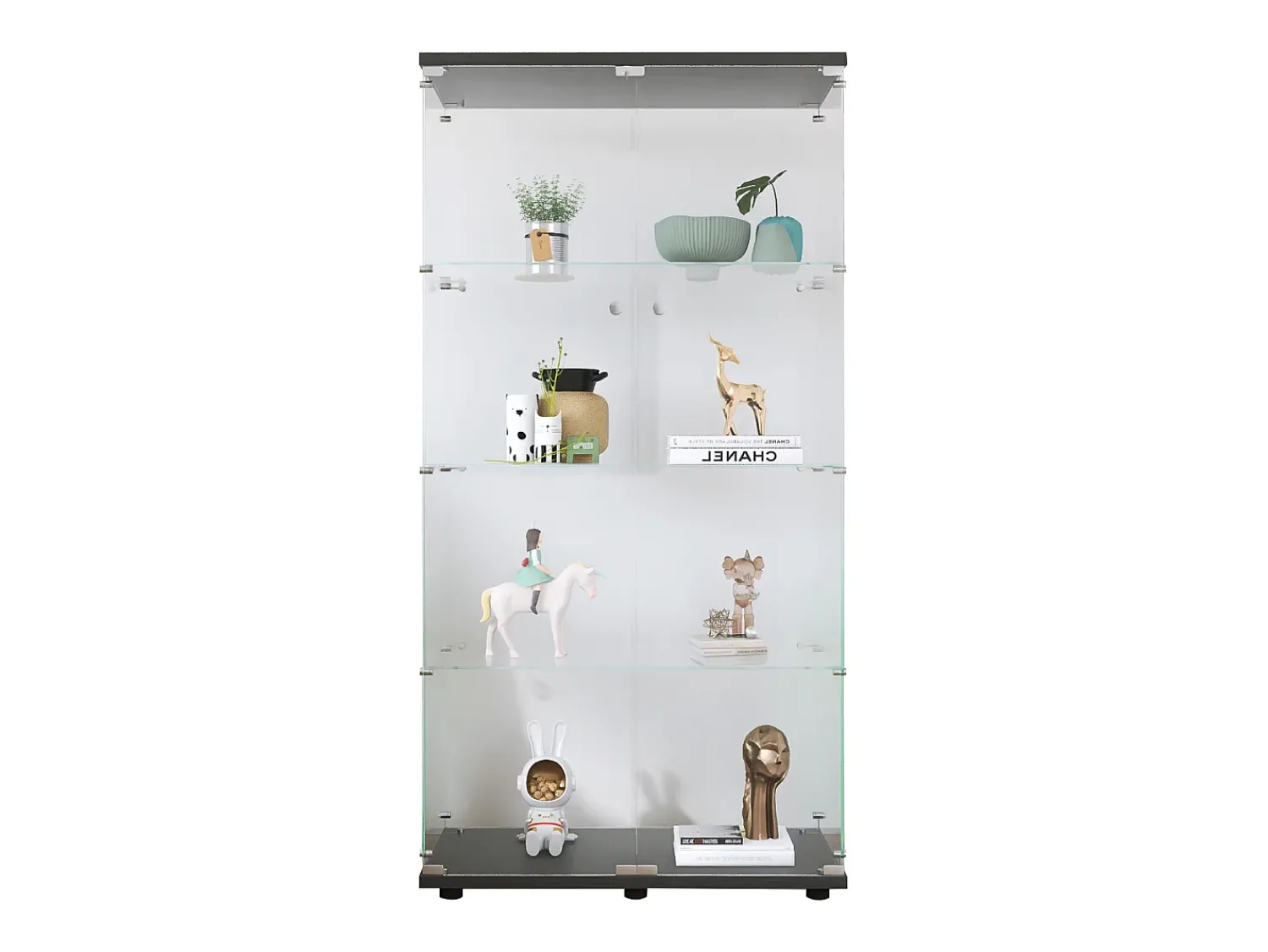 Vitrina* Vitrine em vidro 4 prateleiras, 81x37x165cm, prateleira em vidro com 2 portas, vitrine sobre suporte, preta Preto