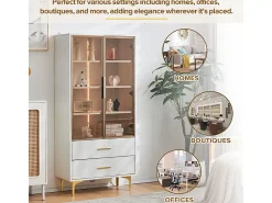 Vitrina|DripeX Vitrine em Vidro 150cm - com LED - 2 Portas e 2 gavetas - prateleiras móveis - 70x35x150cm Branco