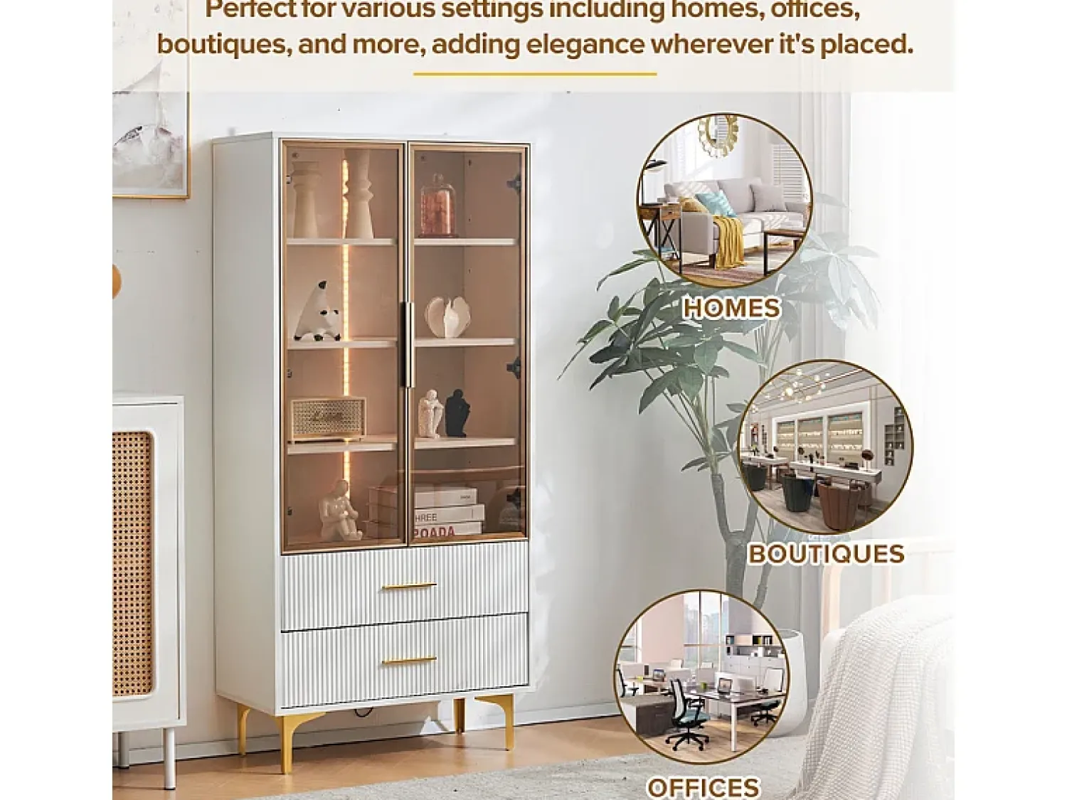 Vitrina|DripeX Vitrine em Vidro 150cm - com LED - 2 Portas e 2 gavetas - prateleiras móveis - 70x35x150cm Branco