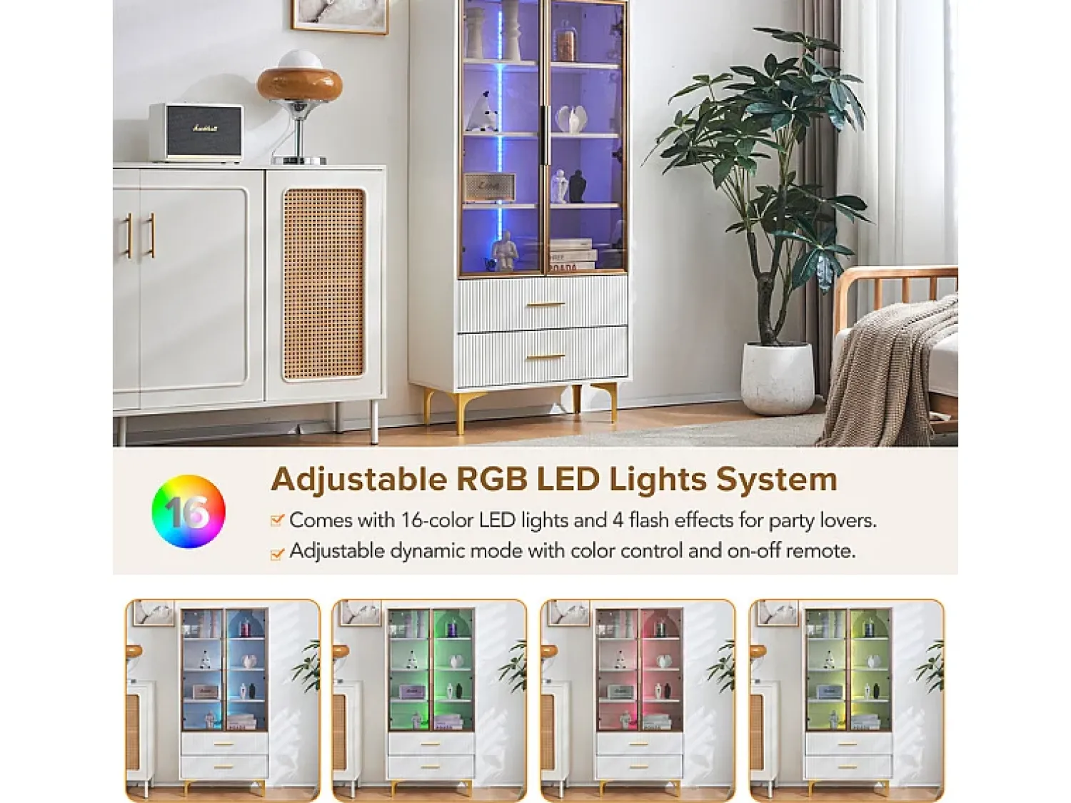 Vitrina|DripeX Vitrine em Vidro 150cm - com LED - 2 Portas e 2 gavetas - prateleiras móveis - 70x35x150cm Branco