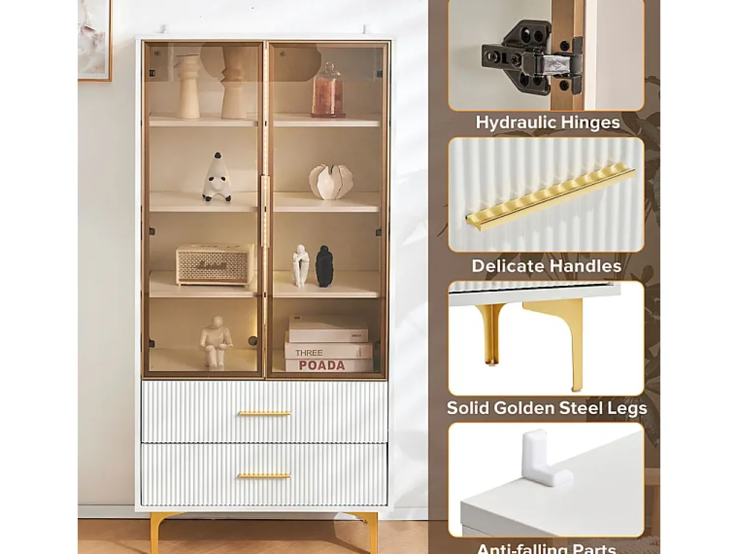 Vitrina|DripeX Vitrine em Vidro 150cm - com LED - 2 Portas e 2 gavetas - prateleiras móveis - 70x35x150cm Branco