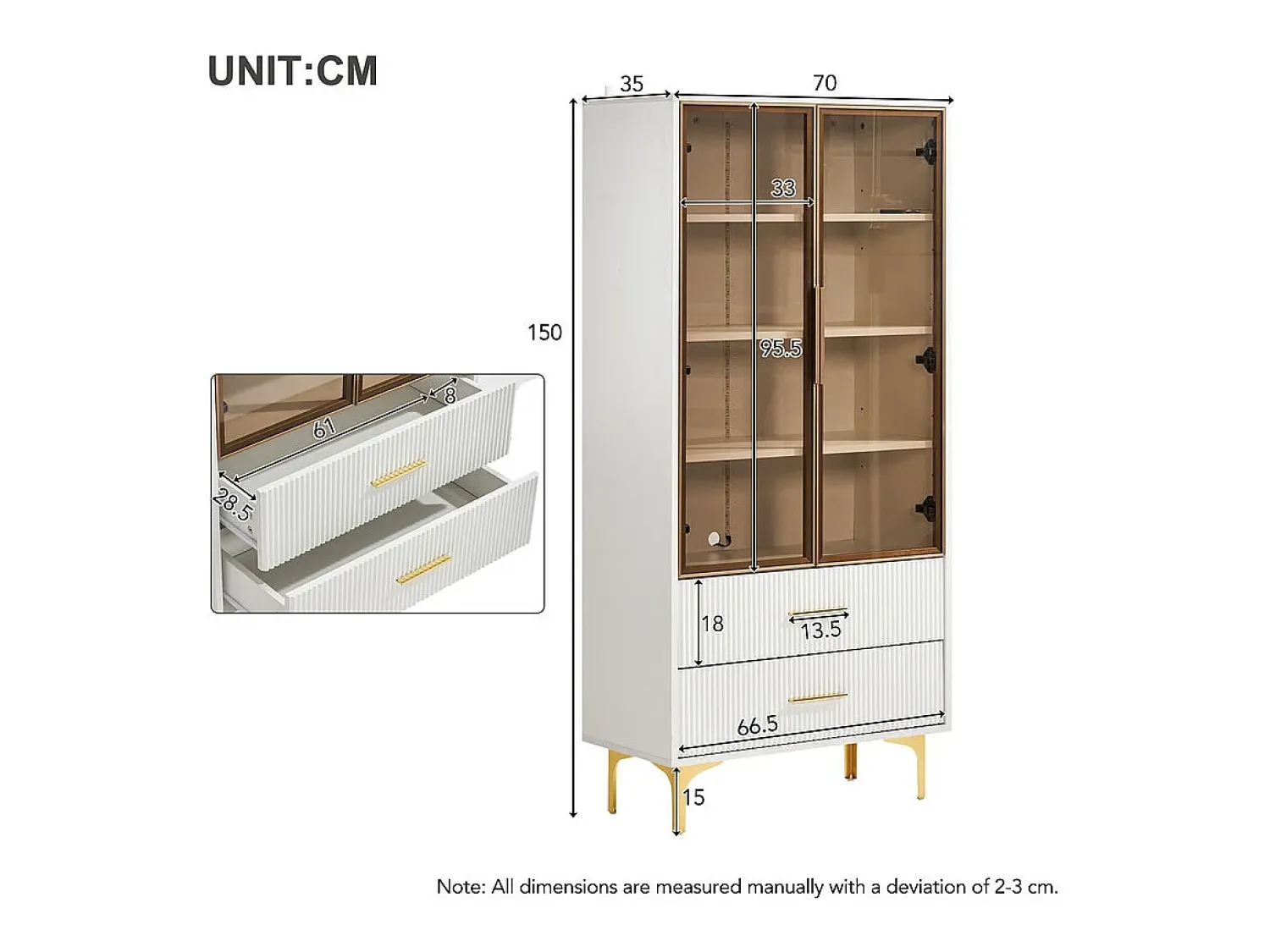 Vitrina|DripeX Vitrine em Vidro 150cm - com LED - 2 Portas e 2 gavetas - prateleiras móveis - 70x35x150cm Branco