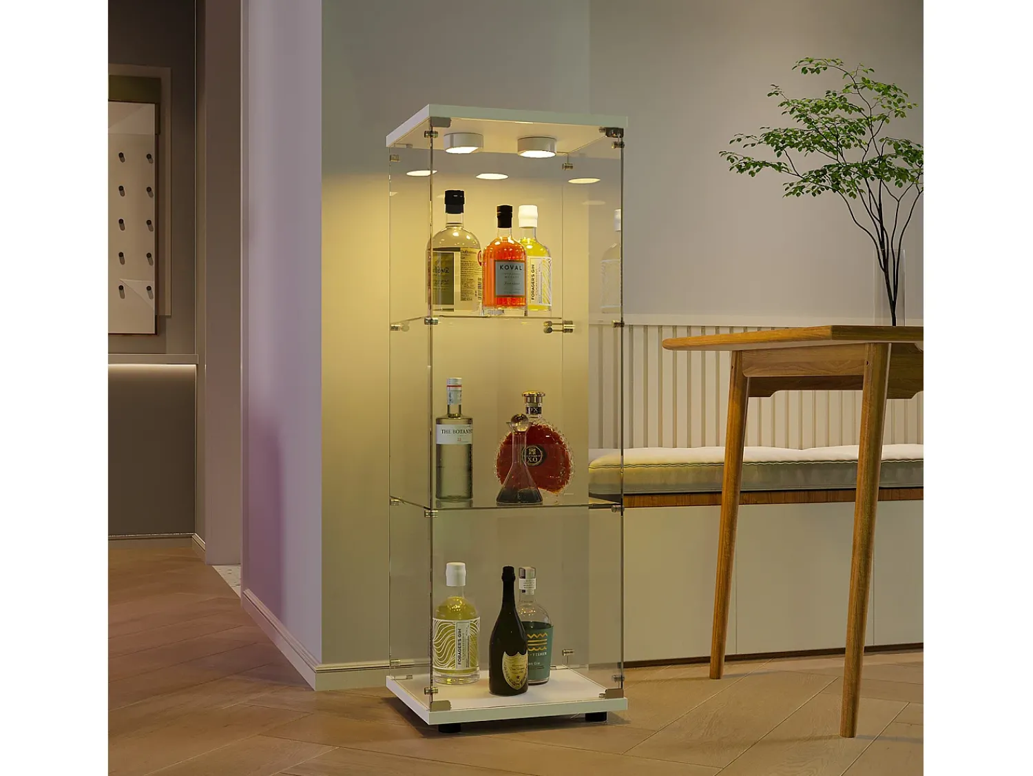Vitrine em vidro 42×36×125cm GARHELPER - 3 prateleiras - 1 porta - Vidro temperado - Luz LED - Preto^ Vitrina