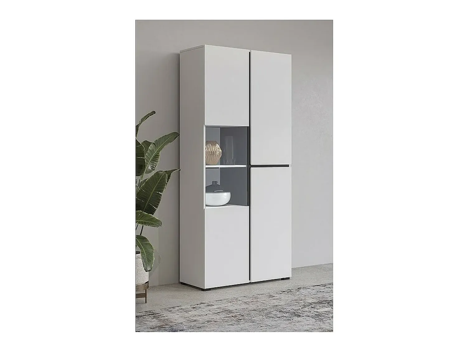 Vitrina|Meublorama Vitrine haute 2 portes collection HAVANA. Coloris blanc et noir. Branco