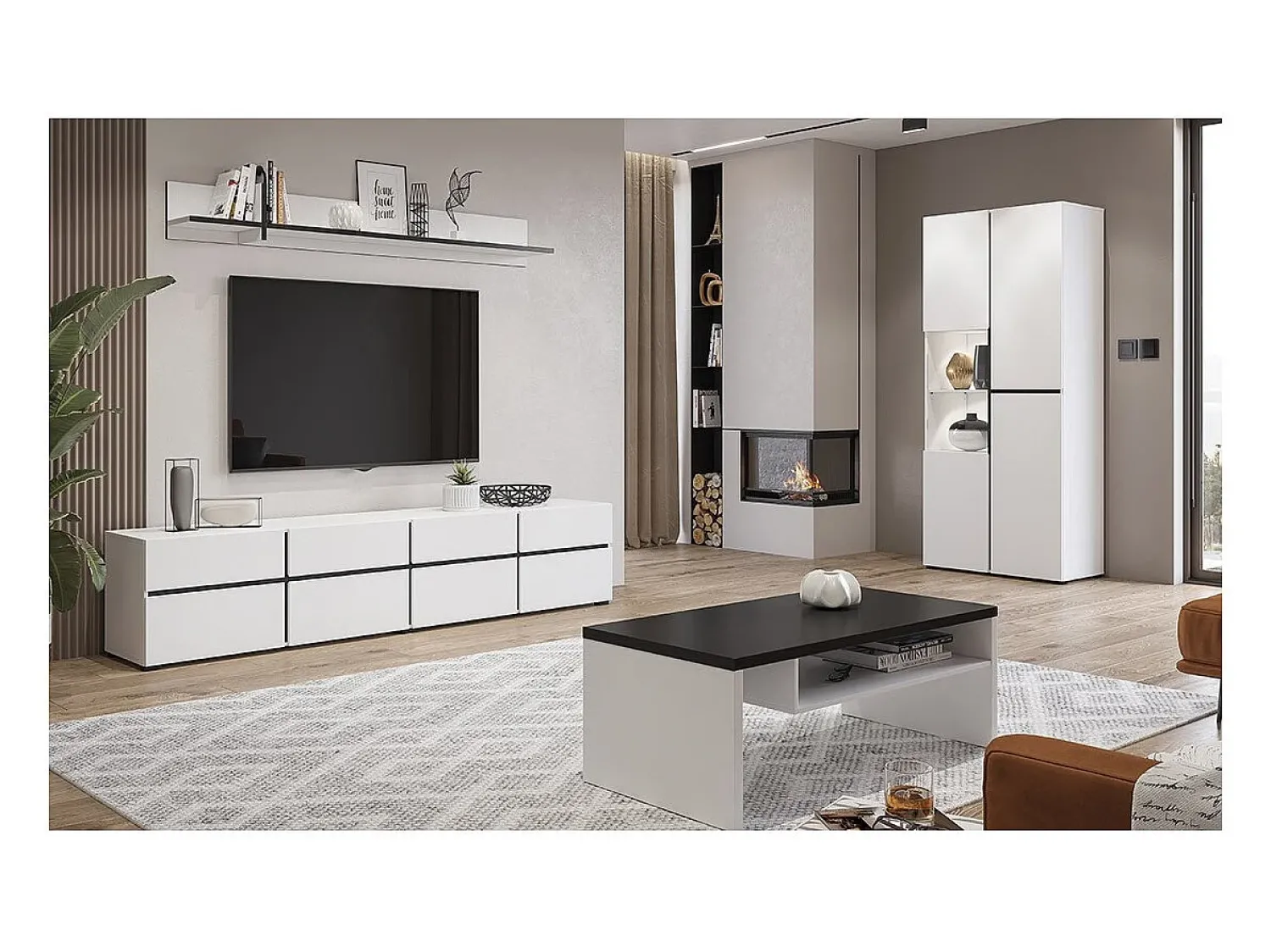Vitrina|Meublorama Vitrine haute 2 portes collection HAVANA. Coloris blanc et noir. Branco