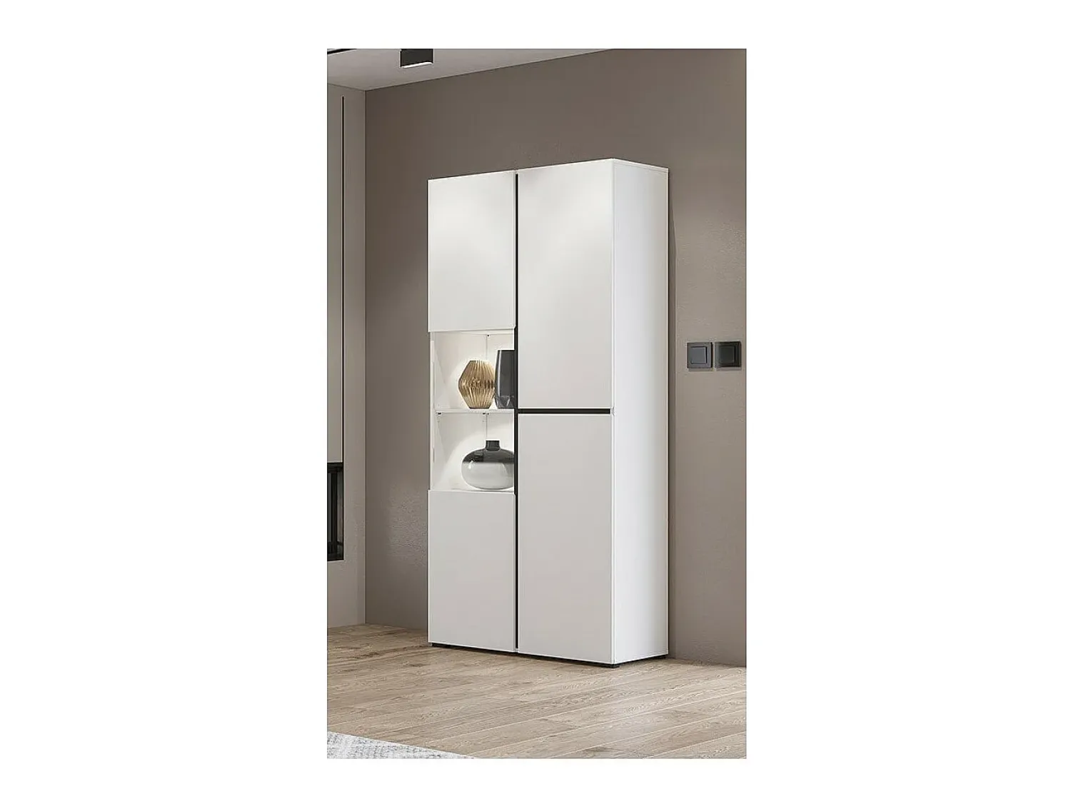 Vitrina*Meublorama Vitrine haute 2 portes collection HAVANA avec LED intégrée. Coloris blanc et noir. Branco