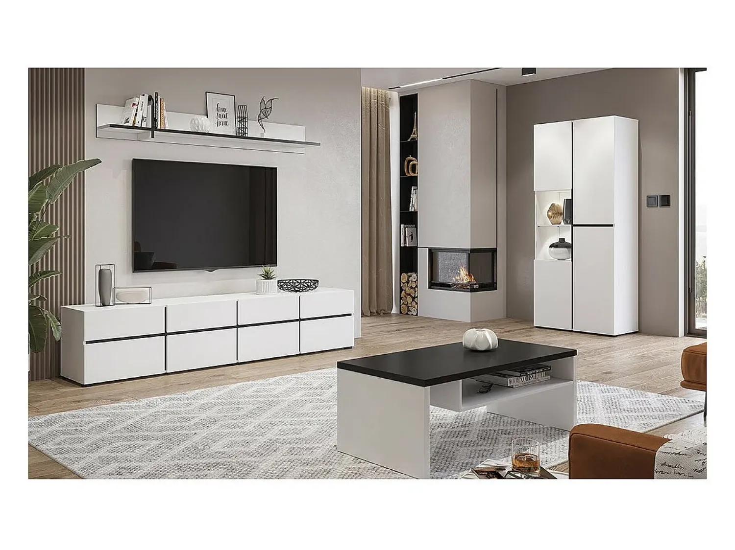 Vitrina*Meublorama Vitrine haute 2 portes collection HAVANA avec LED intégrée. Coloris blanc et noir. Branco