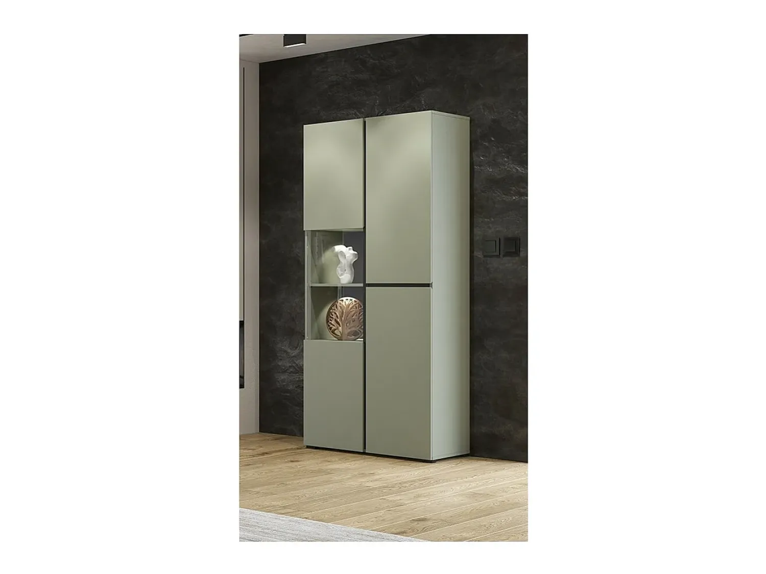 Vitrina*Meublorama Vitrine haute 2 portes collection HAVANA avec LED intégrée. Coloris sauge et noir. Verde