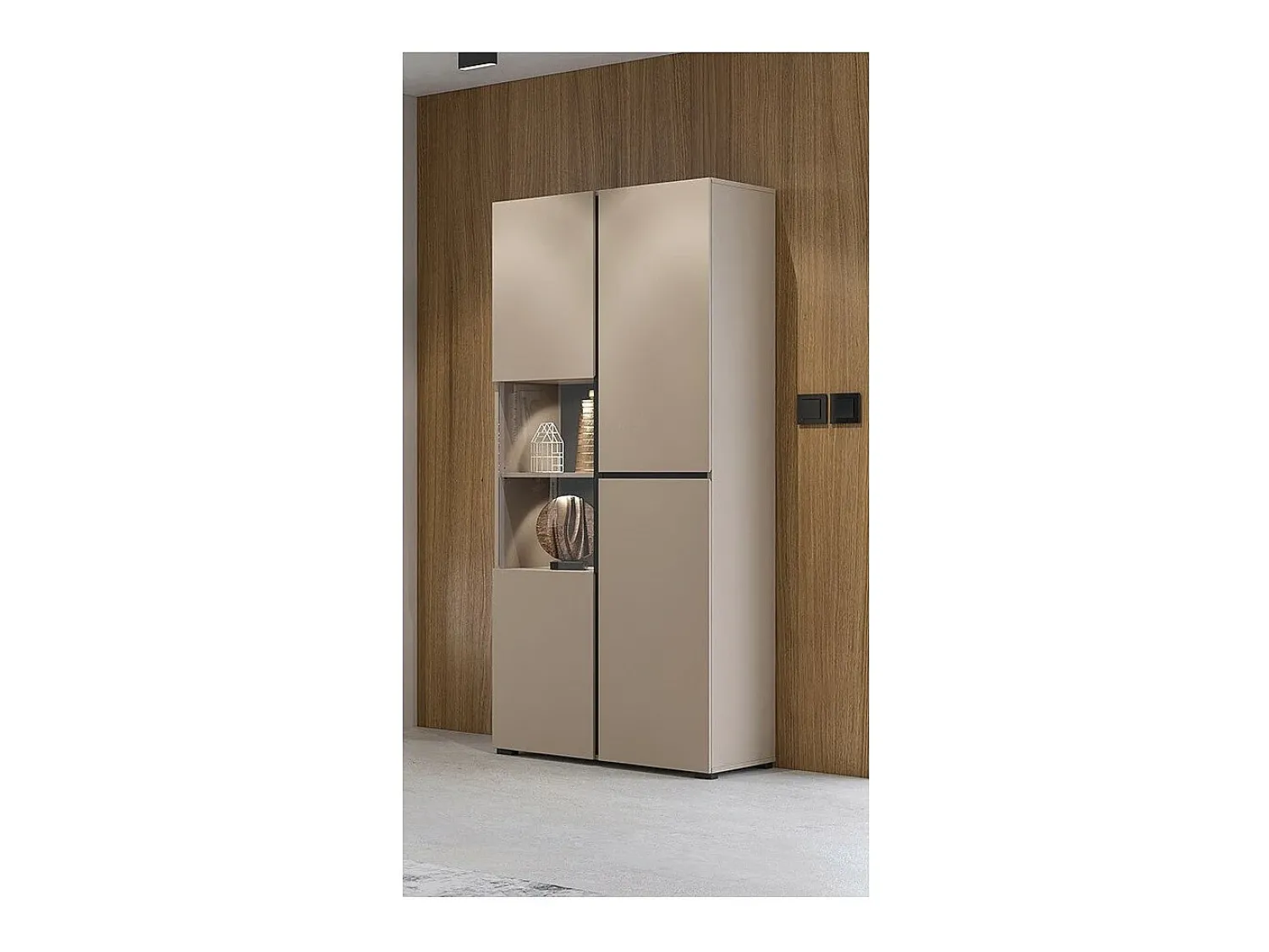 Vitrina|Meublorama Vitrine haute 2 portes collection HAVANA. Coloris beige et noir. Bege