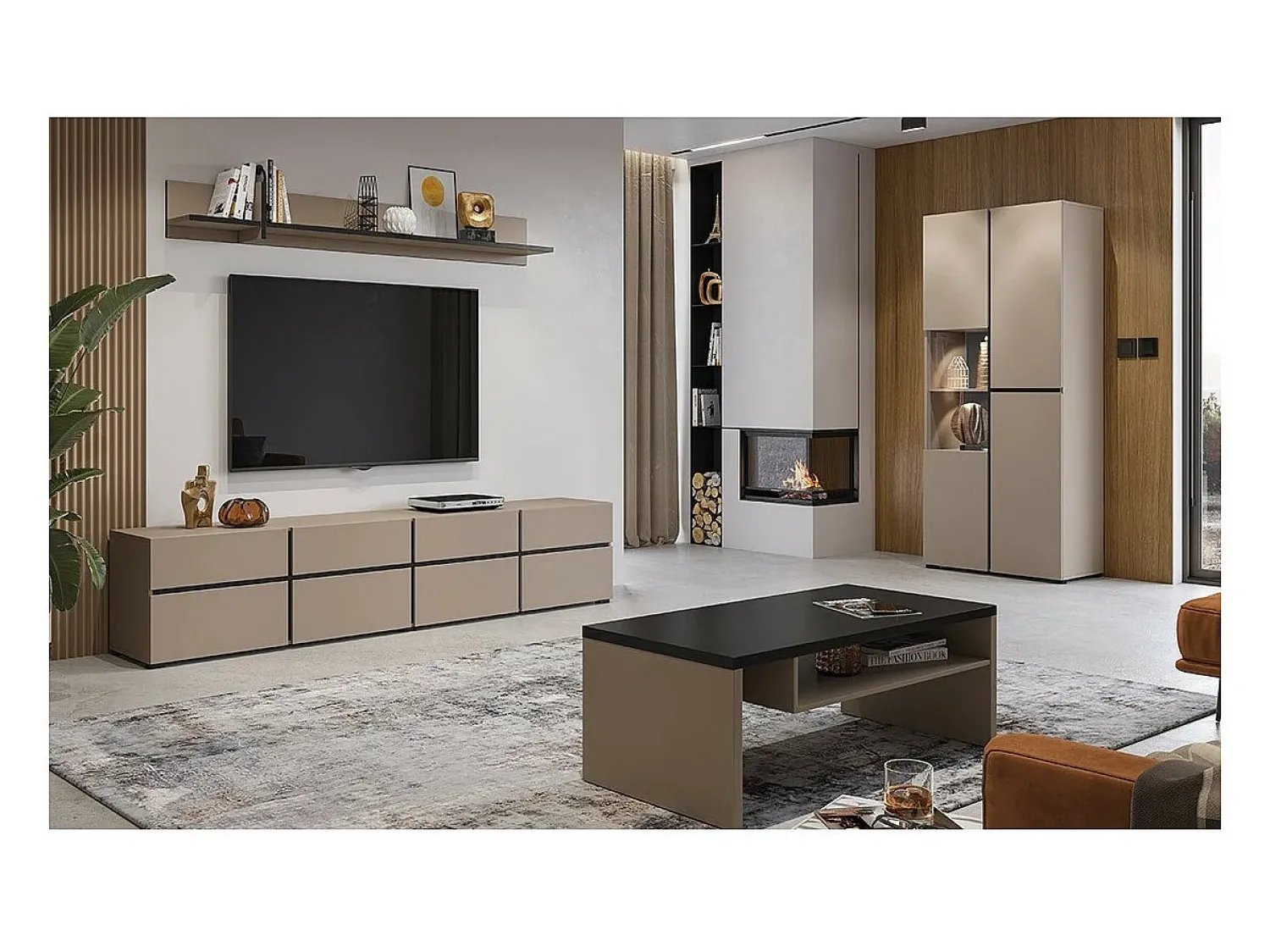 Vitrina|Meublorama Vitrine haute 2 portes collection HAVANA. Coloris beige et noir. Bege