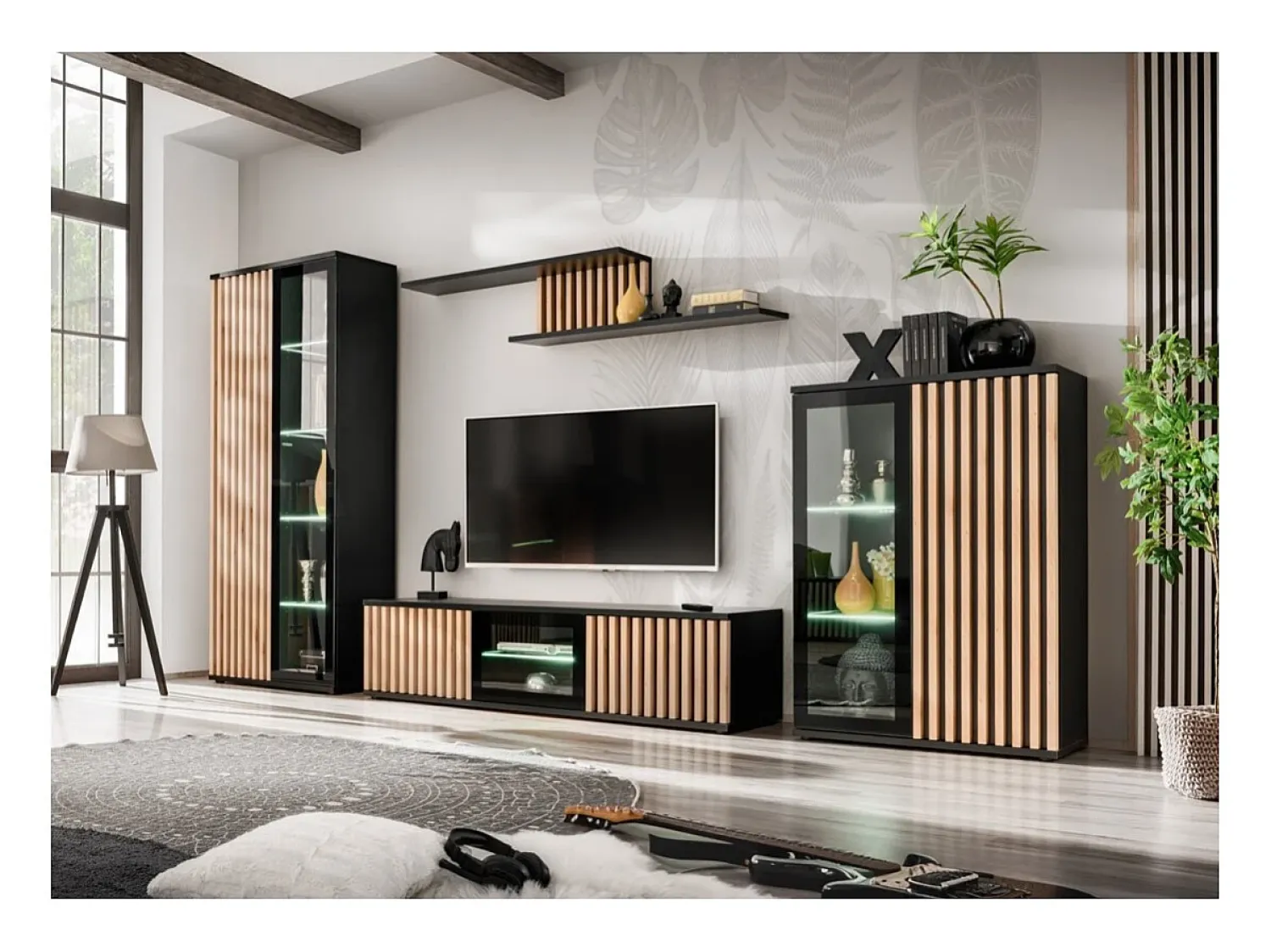 Online Meublorama Vitrine haute design collection DEAN – 2 portes avec éclairage LED intégré Preto