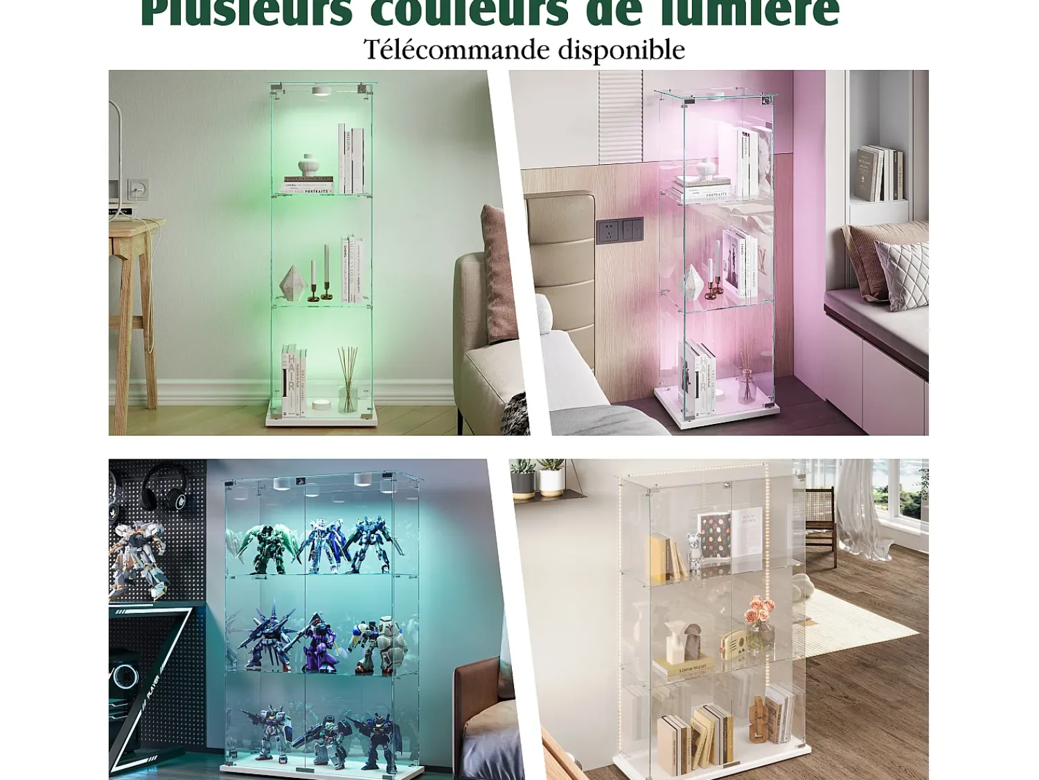 Vitrina* Vitrine independente de vidro com iluminação LED ativada por toque, 3 prateleiras e 2 portas. Branco