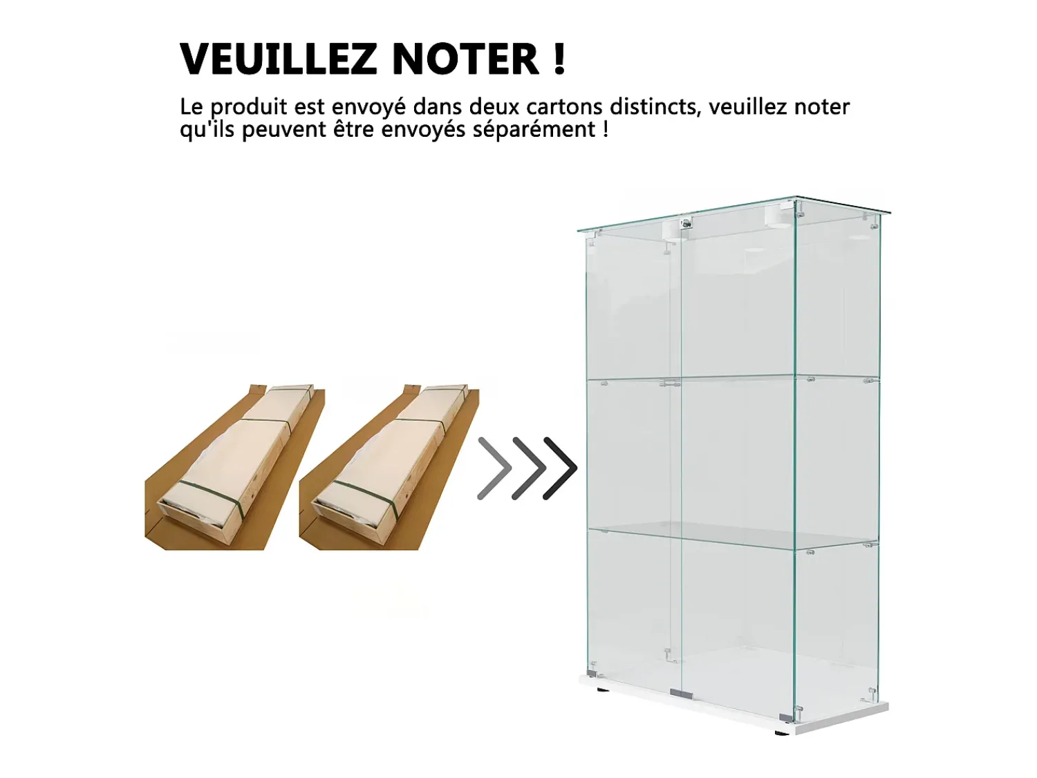 Vitrina* Vitrine independente de vidro com iluminação LED ativada por toque, 3 prateleiras e 2 portas. Branco