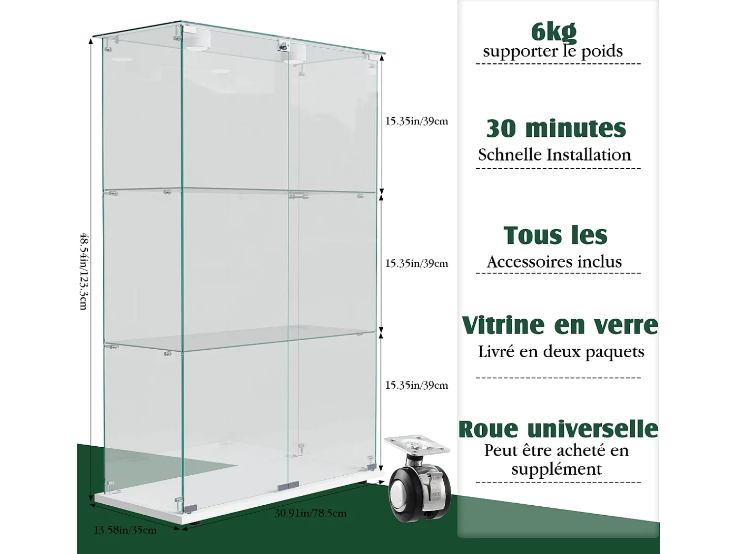 Vitrina* Vitrine independente de vidro com iluminação LED ativada por toque, 3 prateleiras e 2 portas. Branco