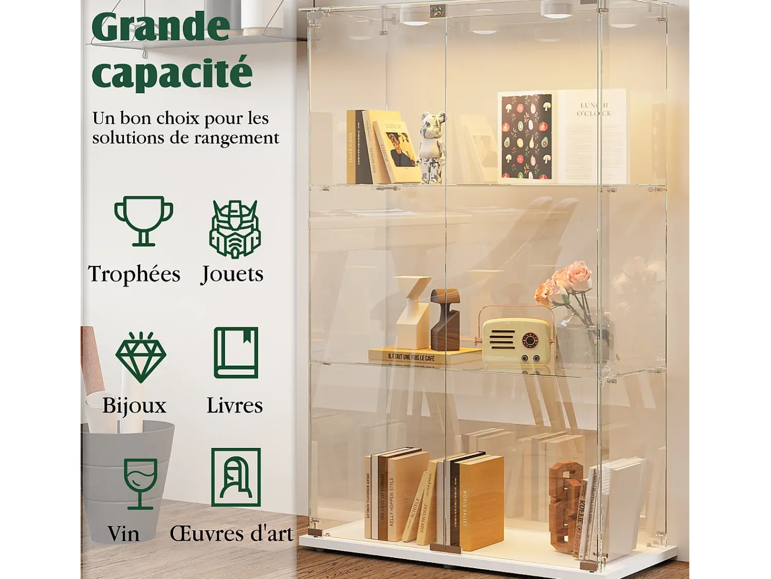 Vitrina* Vitrine independente de vidro com iluminação LED ativada por toque, 3 prateleiras e 2 portas. Branco