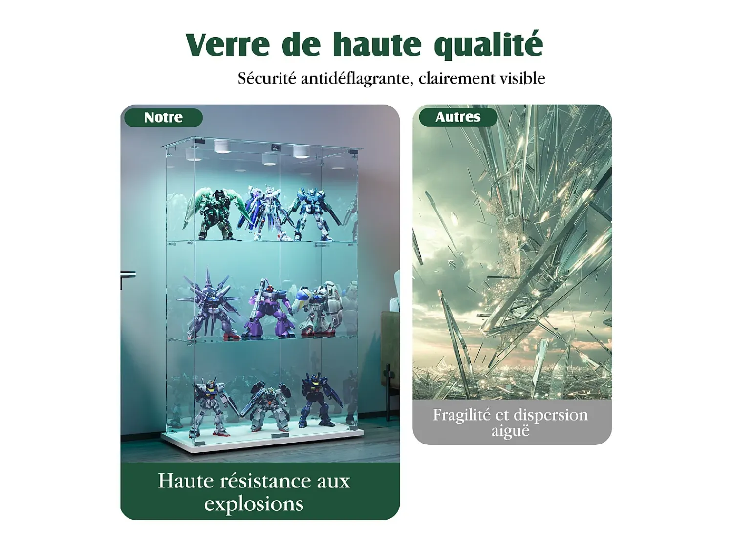 Vitrina* Vitrine independente de vidro com iluminação LED ativada por toque, 3 prateleiras e 2 portas. Branco