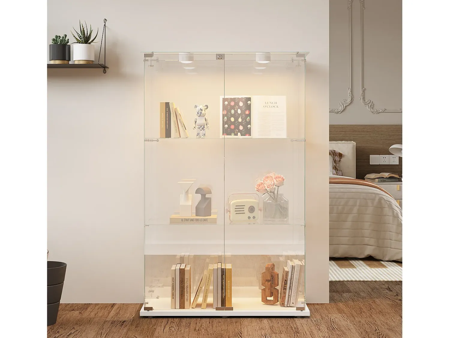 Vitrina* Vitrine independente de vidro com iluminação LED ativada por toque, 3 prateleiras e 2 portas. Branco