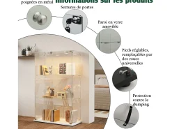 Vitrina* Vitrine independente de vidro com iluminação LED ativada por toque, 3 prateleiras e 2 portas. Branco