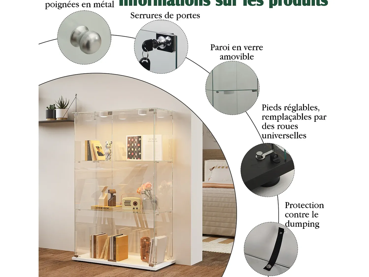 Vitrina* Vitrine independente de vidro com iluminação LED ativada por toque, 3 prateleiras e 2 portas. Branco
