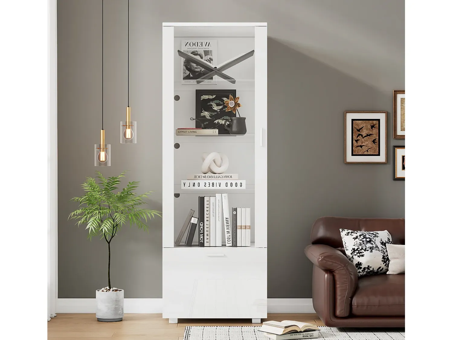 Hauss Spole Vitrine LED branca com portas em acrílico e 3 prateleiras, 50x40x160 cm^ Vitrina