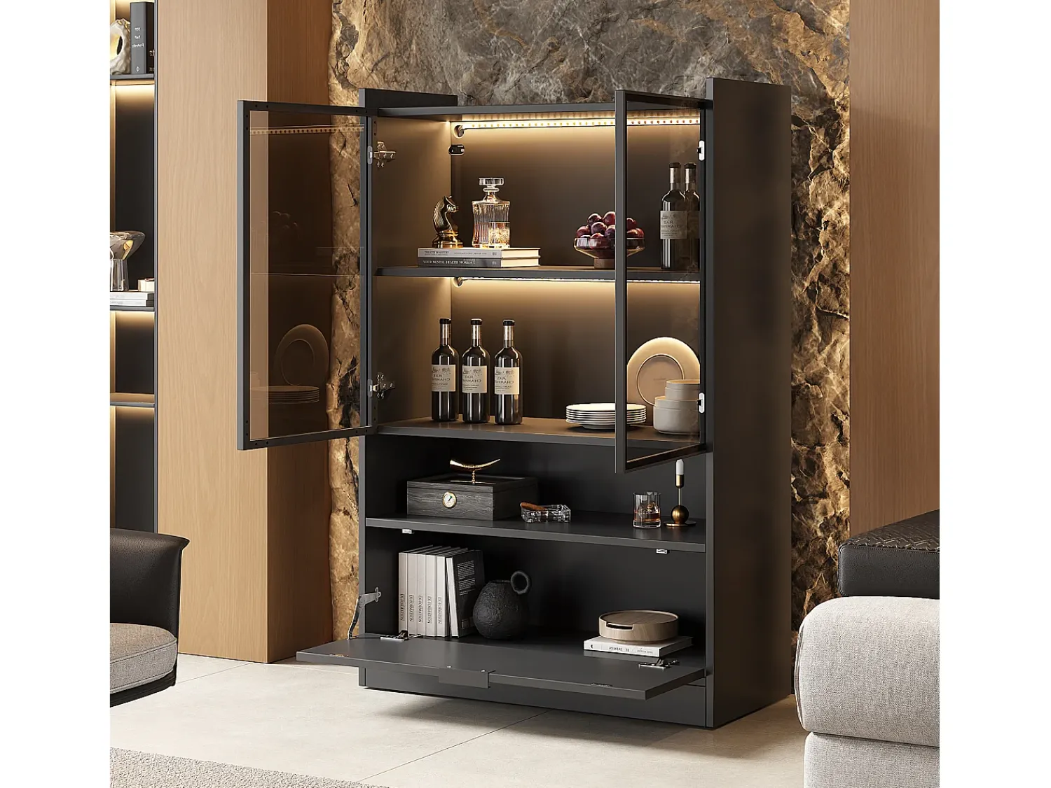 Hot ModernLuxe Vitrine LED moderna 80x120x35 cm - com iluminação LED 16 cores - com 2 portas de vidro - com compartimentos de armazenamento - Preto