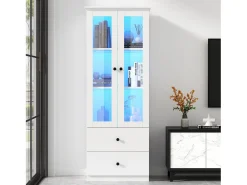 ModernLuxe Vitrine LED moderna 60x35x165 cm - com porta USB - Controle remoto 16 cores - com 2 gavetas - com 2 portas de vidro -^ Vitrina
