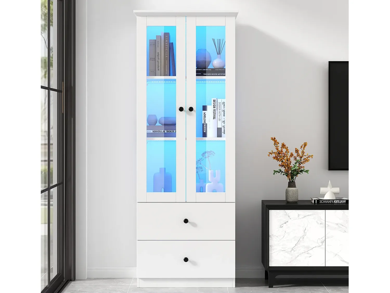 ModernLuxe Vitrine LED moderna 60x35x165 cm - com porta USB - Controle remoto 16 cores - com 2 gavetas - com 2 portas de vidro -^ Vitrina