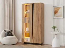Vitrina*Merax Vitrine moderna - 80 x 35 x 160 cm - com 8 prateleiras + 2 portas + LEDs - aglomerado - natural Natural claro