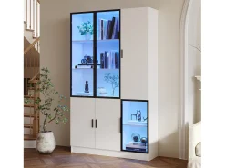 Merax Vitrine moderna - 120 x 35 x 200 cm - com 3 portas de vidro + LEDs - MDF + vidro - branca^ Vitrina