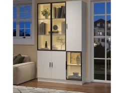 Merax Vitrine moderna - 120 x 35 x 200 cm - com 3 portas de vidro + LEDs - MDF + vidro - branca^ Vitrina