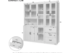 Vitrina* Vitrine moderna branca, 200 cm, 8 portas e 3 gavetas, com iluminação LED para sala de estar. Branco