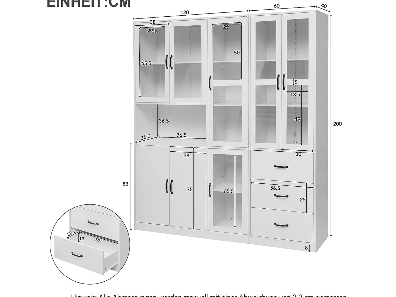 Vitrina* Vitrine moderna branca, 200 cm, 8 portas e 3 gavetas, com iluminação LED para sala de estar. Branco