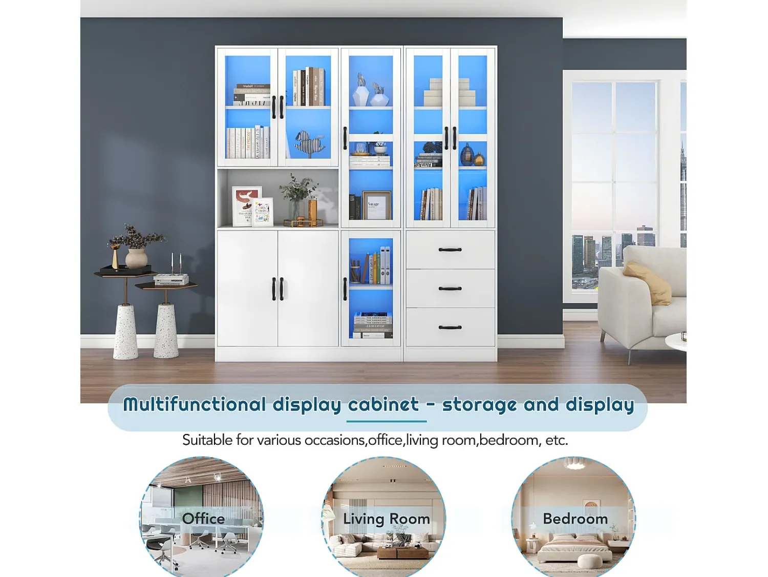 Vitrina* Vitrine moderna branca, 200 cm, 8 portas e 3 gavetas, com iluminação LED para sala de estar. Branco
