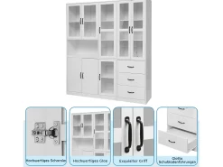 Vitrina* Vitrine moderna branca, 200 cm, 8 portas e 3 gavetas, com iluminação LED para sala de estar. Branco