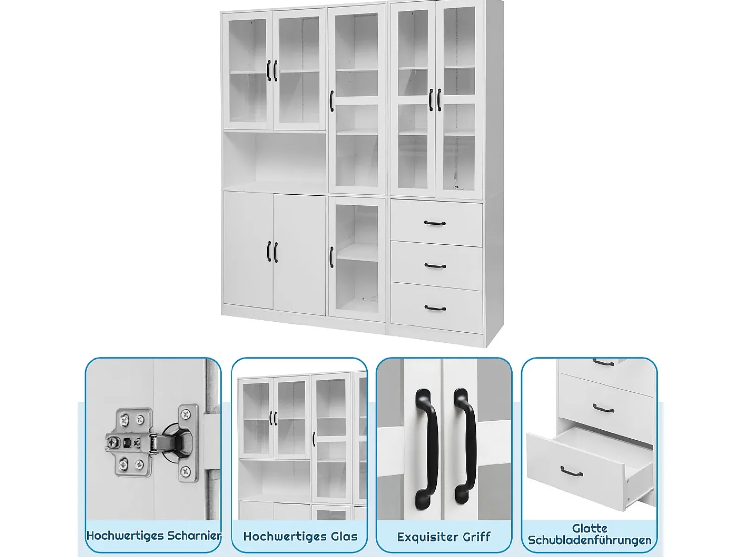 Vitrina* Vitrine moderna branca, 200 cm, 8 portas e 3 gavetas, com iluminação LED para sala de estar. Branco