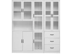 Vitrina* Vitrine moderna branca, 200 cm, 8 portas e 3 gavetas, com iluminação LED para sala de estar. Branco