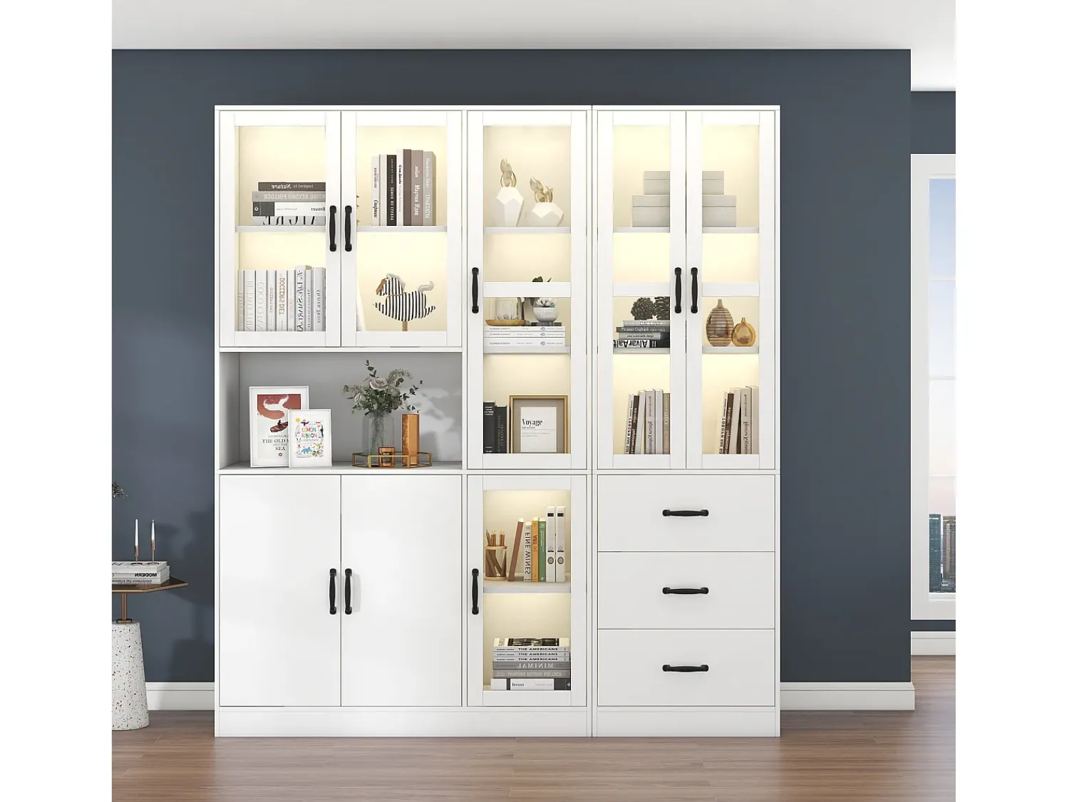 Vitrina* Vitrine moderna branca, 200 cm, 8 portas e 3 gavetas, com iluminação LED para sala de estar. Branco