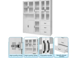 Vitrina* Vitrine moderna branca, 200 cm, 8 portas e 3 gavetas, com iluminação LED para sala de estar. Branco