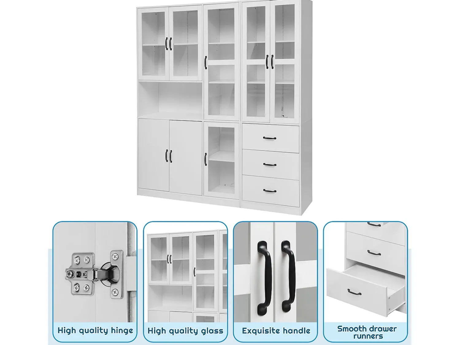 Vitrina* Vitrine moderna branca, 200 cm, 8 portas e 3 gavetas, com iluminação LED para sala de estar. Branco