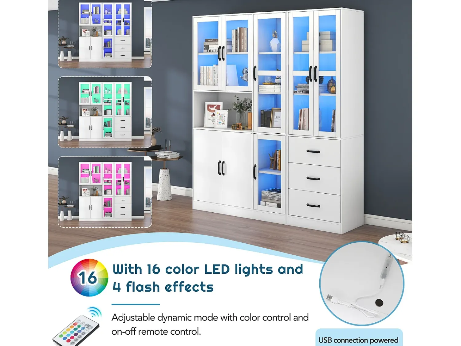Vitrina* Vitrine moderna branca, 200 cm, 8 portas e 3 gavetas, com iluminação LED para sala de estar. Branco
