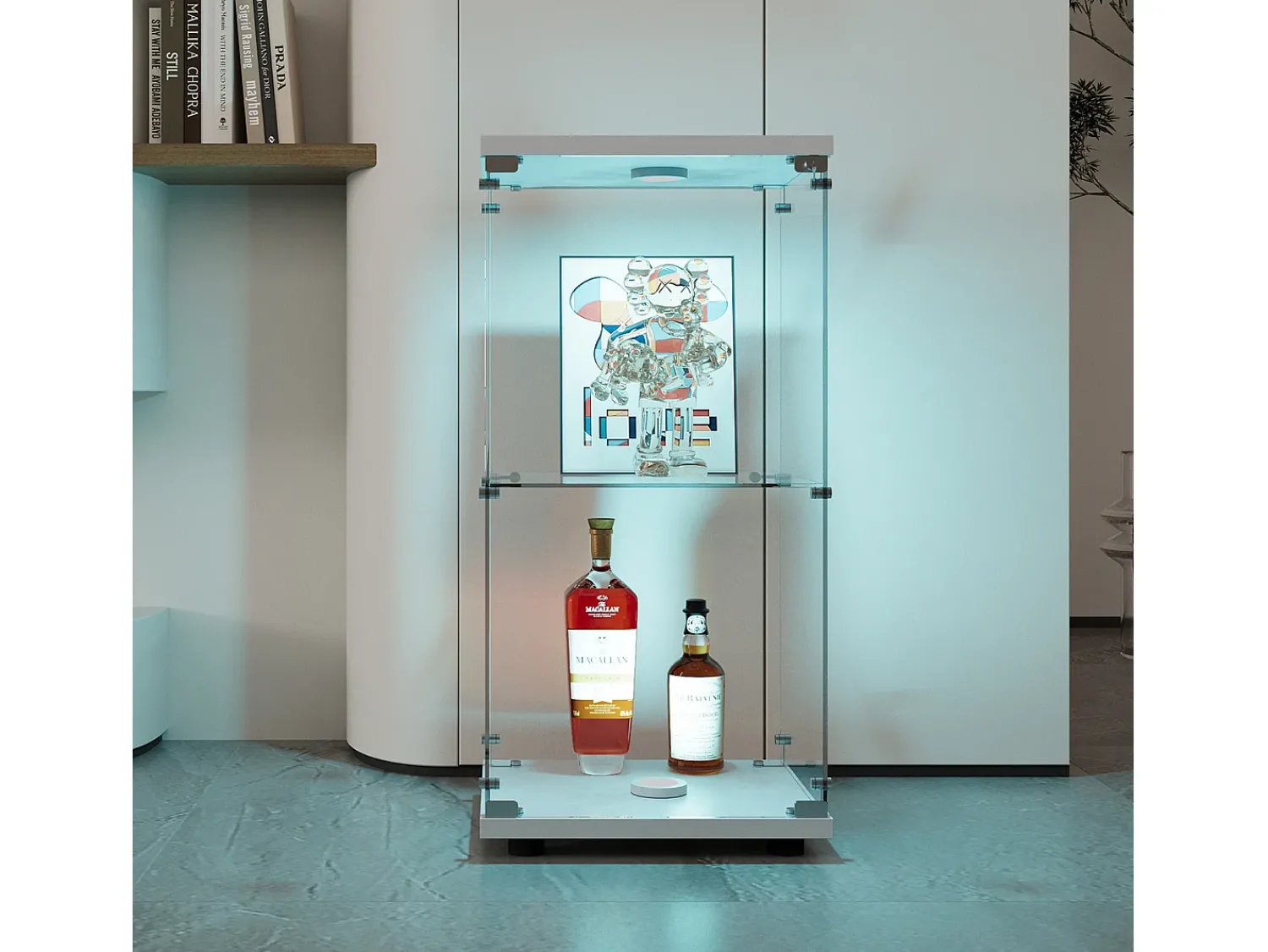 Sale Vitrine moderna de vidro com 2 prateleiras de vidro, 1 porta, iluminação LED e fechadura, 86x40,4x36,5cm, branca. Branco