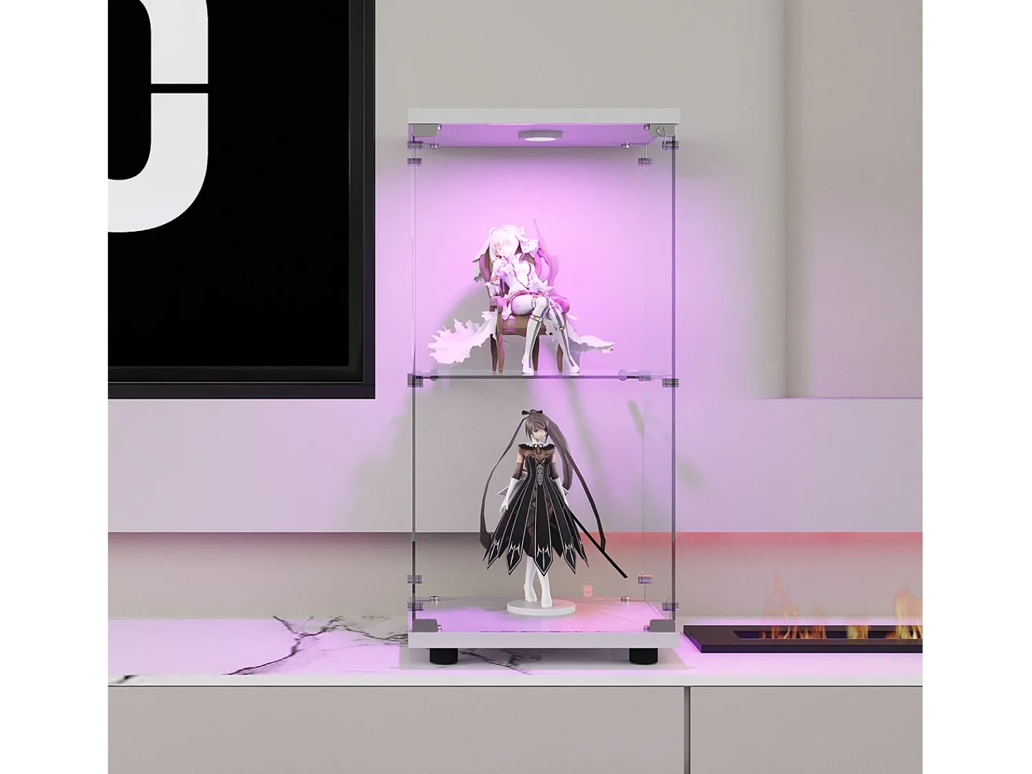 Sale Vitrine moderna de vidro com 2 prateleiras de vidro, 1 porta, iluminação LED e fechadura, 86x40,4x36,5cm, branca. Branco