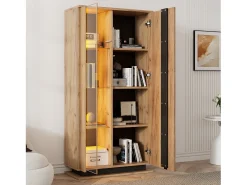 Merax Vitrine moderna para sala de estar - 80 x 35 x 160 cm - com 8 prateleiras + 2 portas de acrílico + LEDs - aglomerado - cor natural^ Vitrina
